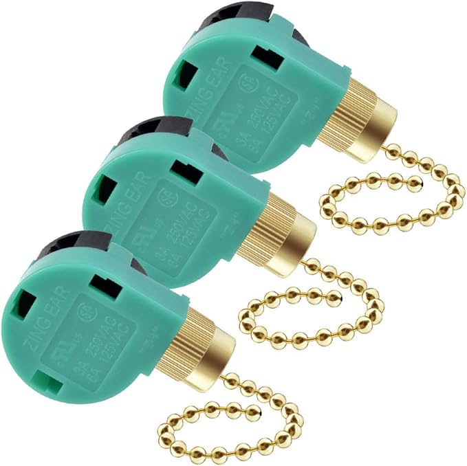 3 Pack Ceiling Fan Switch 3 Speed 4 Wire Zing Ear ZE-268S6 Fan Pull Chain Switch Replacement Speed Control for Ceiling Fan Light, Wall Lamps, Cabinet Light (Brass Color)