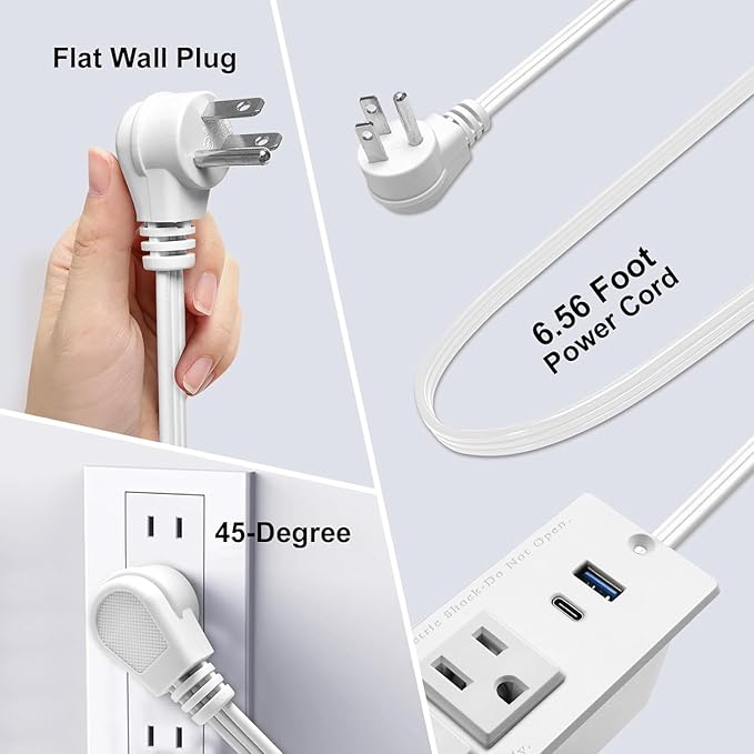 4 LEAF USB C Recessed Power Strip Fast Charge Desktop Power Station 2 Outlets 2 USB (PD20W & QC18W, Total 20W) Mountable Flat Plug 10'ft Extension Cord Mount for Tabletop Sofa Cabinet Nightstand