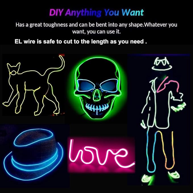 MaxLax EL Wire Mutilcolor, 2M Portable Battery Pack Neon Light Strip 360° Cuttable Glowing Rope Lights for Parties, Halloween, DIY Decoration