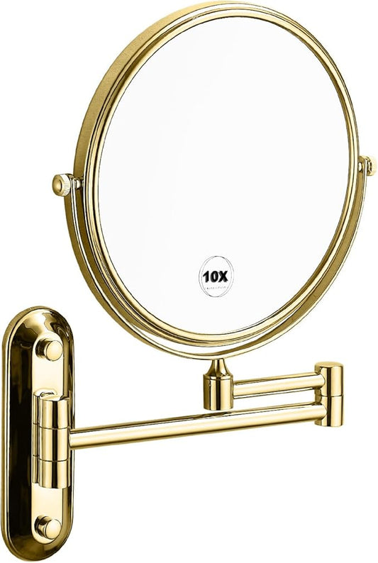Gold 1x10x Magnifying Double Sided Bathroom Mirror 360 Degree Swivel Makeup Mirror Adjustable Extension Arm Wall Mount 8 Inch Non-Illuminated Beauty Mirror Shaving Mirror (Oval Base)