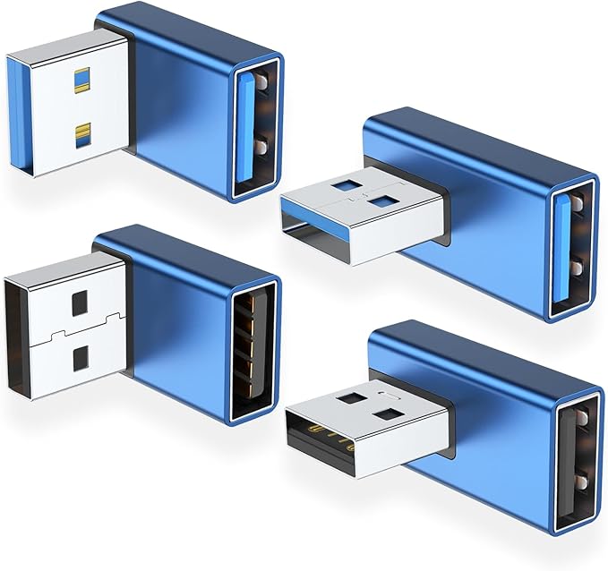 AreMe 90 Degree USB 3.0 Adapter 4 Pack, Up and Down Angle, Left and Right Angle USB A Male to Female Converter Extender for PC, Laptop, Type A Charger, Power Bank and More (Blue)