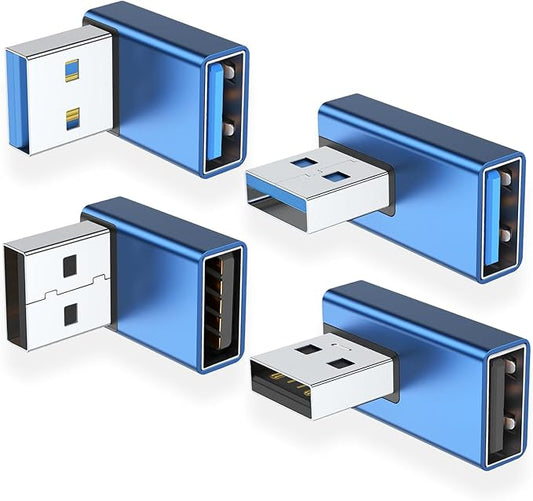 AreMe 90 Degree USB 3.0 Adapter 4 Pack, Up and Down Angle, Left and Right Angle USB A Male to Female Converter Extender for PC, Laptop, Type A Charger, Power Bank and More (Blue)