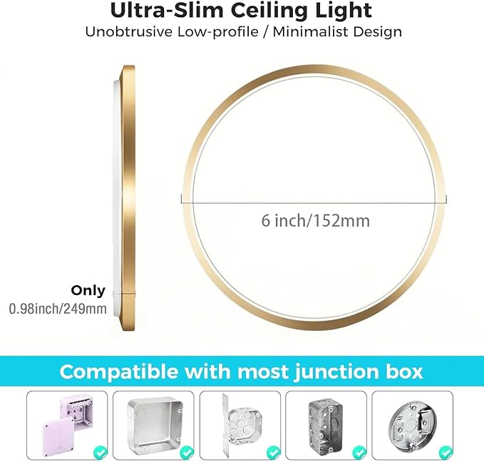 zemty 2Pack LED Ceiling Light Fixture, 6.5-Inch 12W 1200lm Small Flush Mount Light, Adjustable 3000K 4000K 6500K Color Temperatures, Round Flat Recessed Lamp for Kitchen Closet Hallway Laundry, Gold