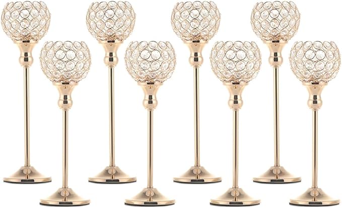 VINCIGANT Pack of 8pcs Candle Holders for Pillar Candles,Gold Candle Holders Bulk Wedding Centerpieces Metal Crystal Candlestick Holders Stand for Table Party Church Decor