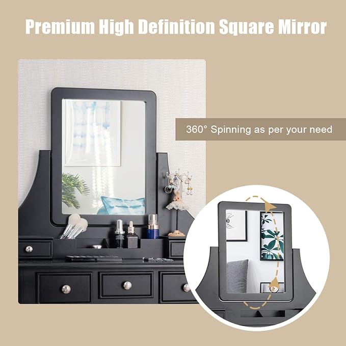 CHARMAID Makeup Vanity Set with Mirror and Cushioned Stool, Dressing Table with 5 Drawers and Removable Storage Organizers, Bedroom Makeup Table with Stool for Women Girls (Black)