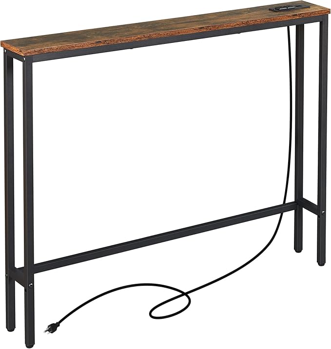 ELYKEN 5.9" Narrow Console Sofa Table with Power Outlets and USB Port, 5.9" Dx39.4 Wx31.1 H Long Behind Couch Table with Metal Frame and 6.5’ Extension Cord, Rustic Brown