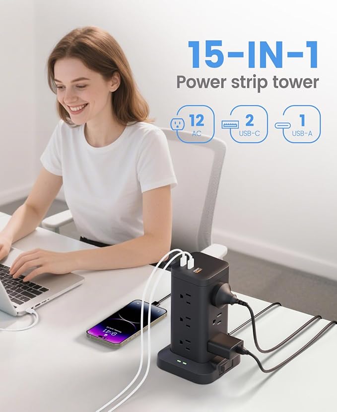 15-in-1 Power Strip Tower with Surge Protector 1800J, Fast Charging Tower PD20W USB-C Ports with 12 AC Outlets, 15ft Extension Cord for Home Office Dorm Room, Black