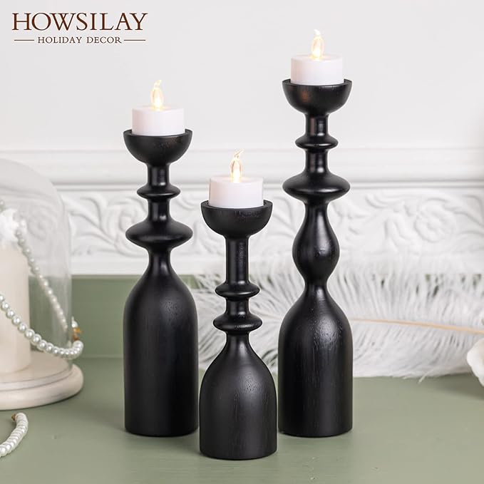 HOWSILAY Wood Candle Holders for Table Centerpiece Black Candlestick Holders - Rustic Candle Stick Candle Holder fits 3/4" or 7/8" Taper Candle and Dia 1.5" Led Tea Lights Candles or Pillar Candles
