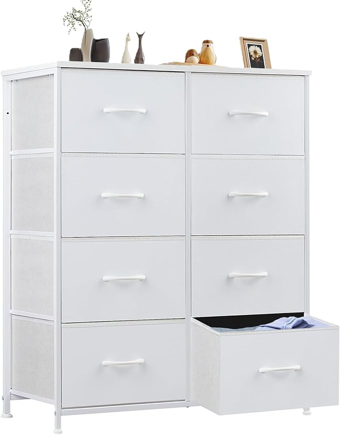 Sweetcrispy Dresser for Bedroom, Chest Organizer Unit with 8 Fabric Bins, Fabric Storage Tower, Drawer Organizer with Steel Frame, Wooden Top for Nursery, Living Room, Closet