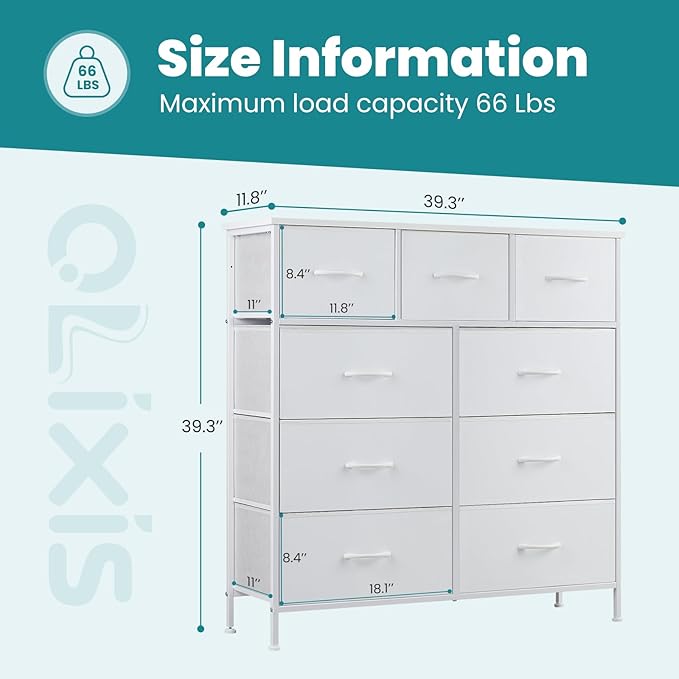 OLIXIS Dresser for Bedroom, 9 Storage Drawers, Wide Fabric Closet Chests Organizer Tower Furniture, TV Stand with Wooden Top Metal Frame for Clothes, Living Room, Hallway, Entryway, Classic White
