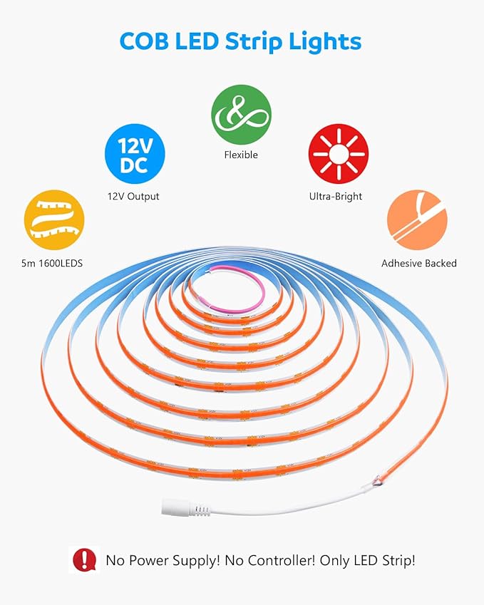 Aclorol Led COB Light Strip 16.4ft Red Flexible COB Strip Lights 12V for Bedroom Tape Lighting 1600Leds/5M for TV Cabinet Closet Other DIY Lighting(Power Supply&LED Dimmer Not Included)