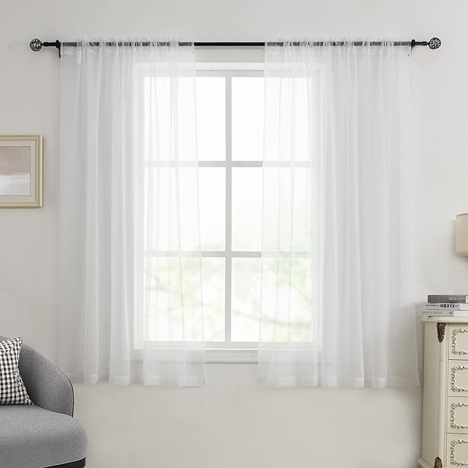 White Sheer Curtains 54 inches Long for Bedroom Top Rod Pocket Sheer Window Panels Curtains for Nursery Living Room 52 by 54 Inch Length Set of 2