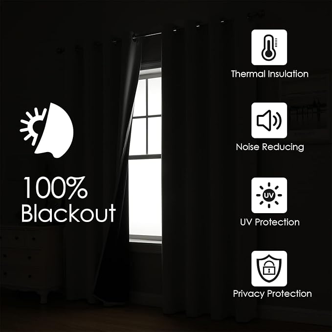 ChrisDowa 100% Blackout Curtains 84 inch Long for Bedroom with Black Liner, 2 Thick Layers Total Blackout Thermal Insulated Grommet Window Curtains 2 Panels Set (Greyish White, 38 x 84 Inch)