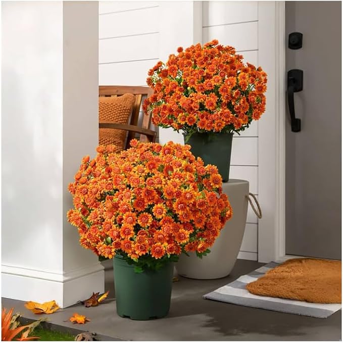 Artificial Mums for Outdoors, Faux Sunset Mum Flowers Planters for Indoor Outside Decor, Fake Look Real, Vibrant, UV Resistant, Waterproof, Windproof (Orange, 5 Bundle)