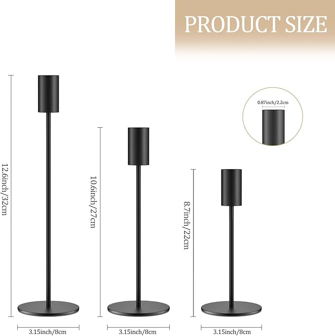 Set of 3 Black Taper Candle Holders, Metal Black Candlestick Holders, Tall Candle Holder, Fits 3/4 inch Thick Candle&Led Candles, for Table Centerpiece, Wedding, Dinning, Party Home Decor