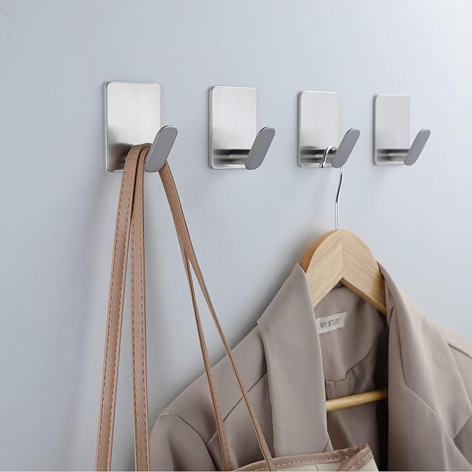 DELITON Towel Hooks for Bathrooms - 8 Pack Adhesive Wall Hooks for Hanging Robe Coat Stick on Hook No Damage SUS 304 Stainless Steel, Silver