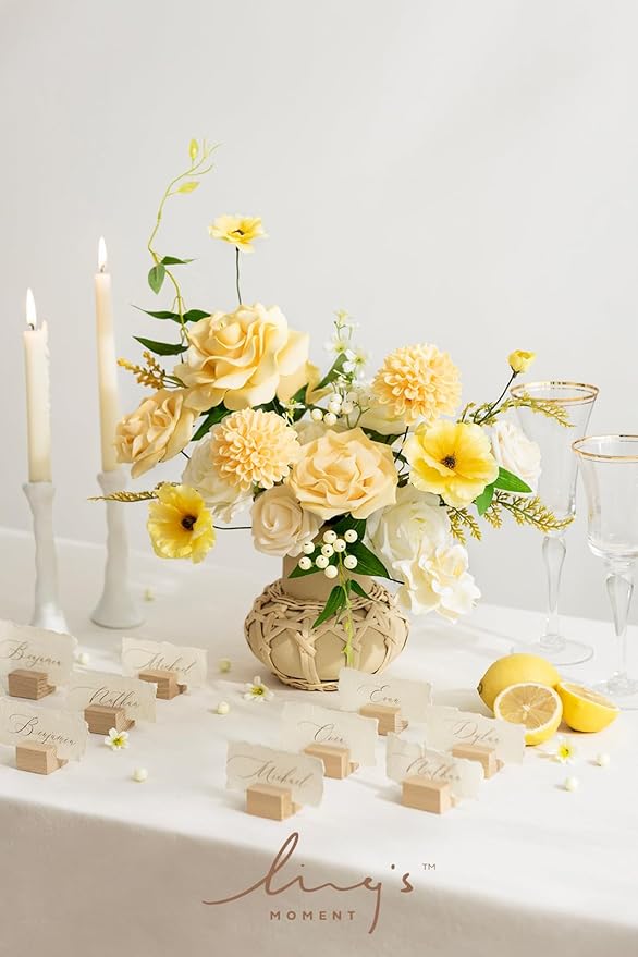 Ling's Moment Artificial Flowers Fake Silk Roses Faux Foam Dahlia Combo for DIY Wedding Bouquets Centerpieces Arrangements Bridal Shower Party Home Decorations, Creamy Yellow & Cream, 24pcs