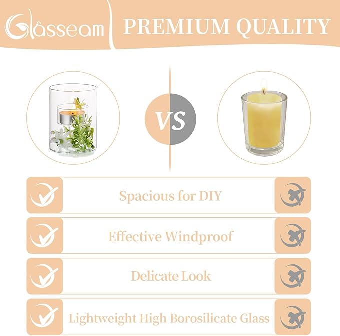Glasseam Tea Lights Candle Holder: Set of 12 Decorative Modern Clear Glass Cylinder Candle Holders for Table Wedding Centerpiece Birthday Party Decorations