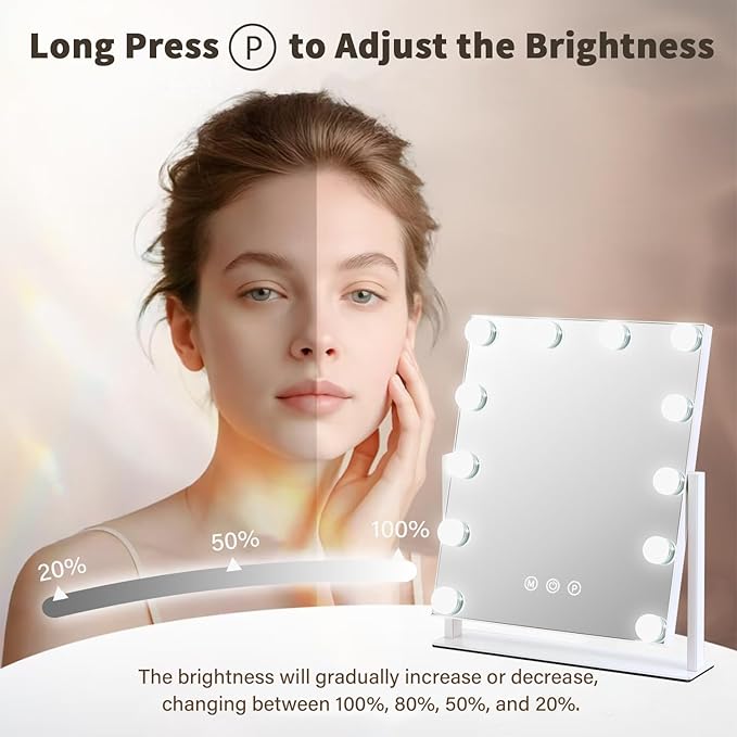Vanity Mirror with Lights, 13'' x 11'' Lighted Makeup Mirror for Desk, Hollywood Mirror with 12 Dimmable Bulbs, 3 Color Modes, Smart Touch Control, 360°Rotation
