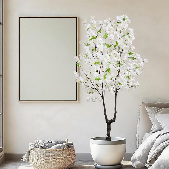 Faux Cherry Blossom Tree Artificial White Flowering Trees Fake Cherry Blossom Decorative Tree 6FT Indoor Japanese Decor for Home