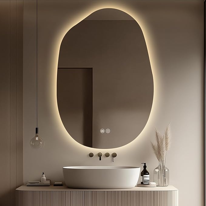 LED Bathroom Mirror with Lights 26x38, Stepless Dimmable Irregular Backlit Mirror with 3 Colors, Anti-Fog, Memory, Al-Alloy Lampshade, Frameless Vanity Mirror for Bathroom (Horizontal/Vertical)