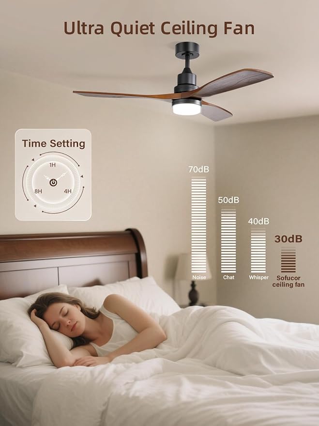 Sofucor 52 Inch Ceiling Fans with Lights and Remote Control, Modern Solid Wood Outdoor Ceiling Fan with Light for Bedroom Living Room Indoor Farmhouse Patio, Quiet DC Motor