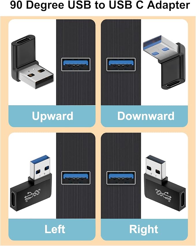 90 Degree USB to USB C Adapter (4 Pack), Vertical Up and Down Angle, Horizontal Left and Right Angle USB A Male to Type C Female Extender Connector