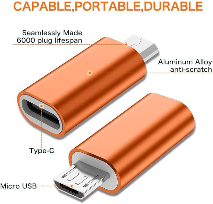 JXMOX USB C to Micro USB Adapter, (4-Pack) Type C Female to Micro USB Male Convert Connector Support Charge Data Sync Compatible with Samsung Galaxy S7/S7 Edge, Nexus 5/6, Micro USB Devices (Orange)