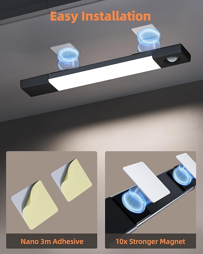 EZVALO Under Cabinet Lighting, Wireless Closet Lights, 30 LED Rechargeable Motion Sensor Light, Dimmable, 3 Color Temperatures, Counter Lights for Kitchen, Pantry, Bedroom, Wardrobe(3 Pack, Black)