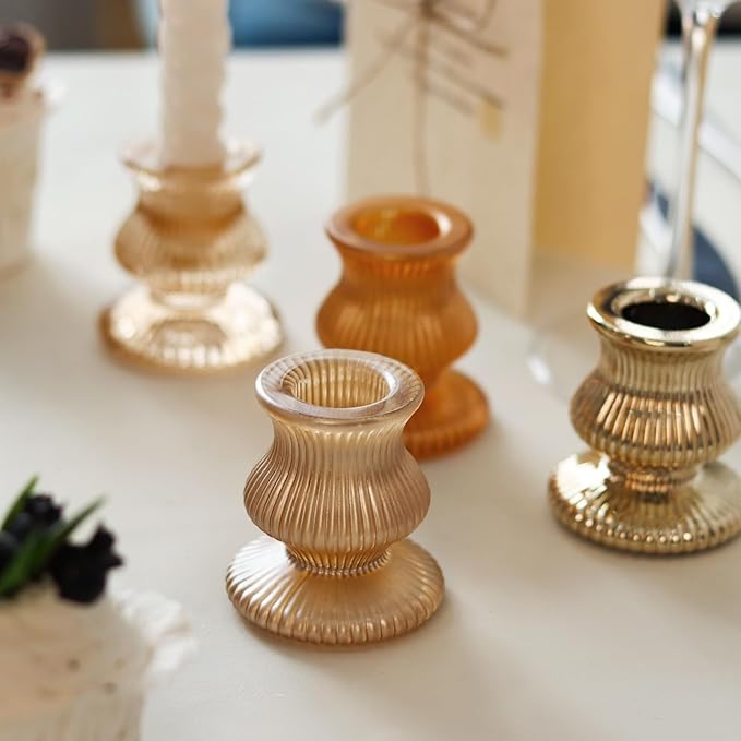 WDHODEC Gold Candlestick Holders 12PCS Glass Taper Candle Holders for Table Centerpiece Colorful Candle Sticks for Wedding, Party and Festival Decoration