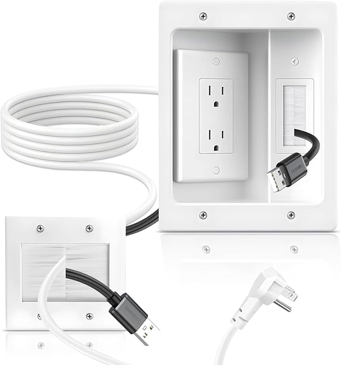 in Wall Cable Management Kit with Recessed Tv Outlet Box-Two-Hole Socket, 9ft Cord,Tv Cable Hider Wall Kit Hider Box Fits All Plugs, Easy, Safe Cable Management