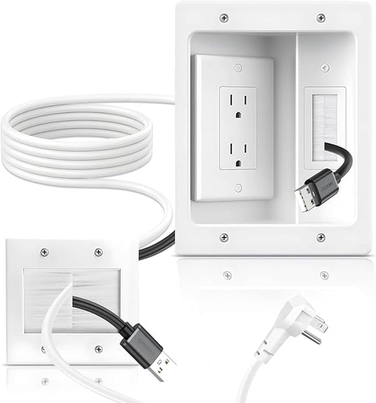 in Wall Cable Management Kit with Recessed Tv Outlet Box-Two-Hole Socket, 9ft Cord,Tv Cable Hider Wall Kit Hider Box Fits All Plugs, Easy, Safe Cable Management
