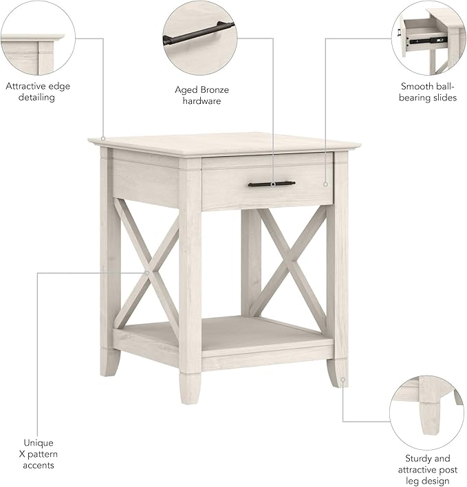 Bush Home End Table with Drawer, Nightstand with Storage, Living Room and Bedroom Furniture, Key West Collection, Linen White Oak