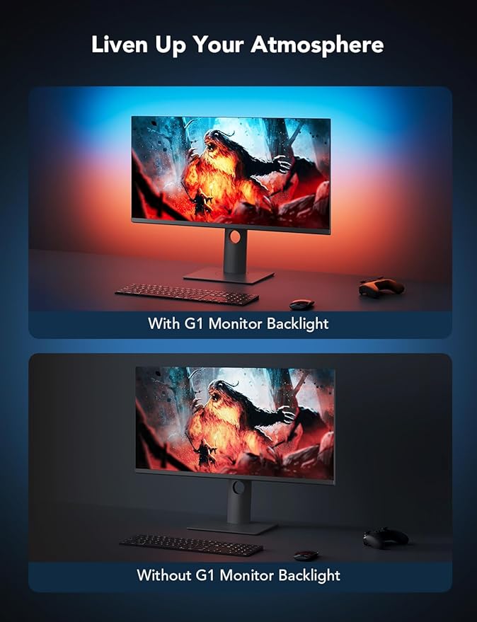 Govee Gaming Light for Monitor G1, RGBIC LED Backlight for 27-34 Inch PC, Smart LED Lights for Monitors with Color Matching, Adapts to Curved Monitors, Double Strip Light Beads with 123 Scene Modes