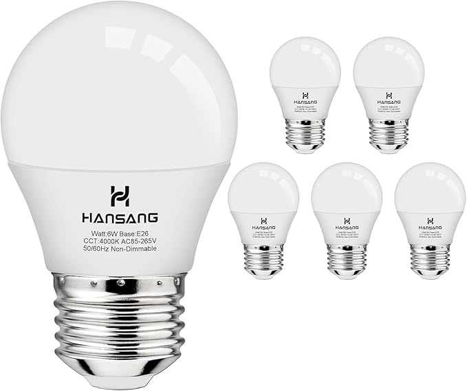 hansang E26 Ceiling Fan Light Bulbs, 4000K Natural Daylight, 60 Watts Equivalent, A15 LED Small Light Bulb, E26 Standard Base Refrigerator Light Bulb, 600lm, 120V, CRI85+, 120V, Non-Dimmable 6 Pack