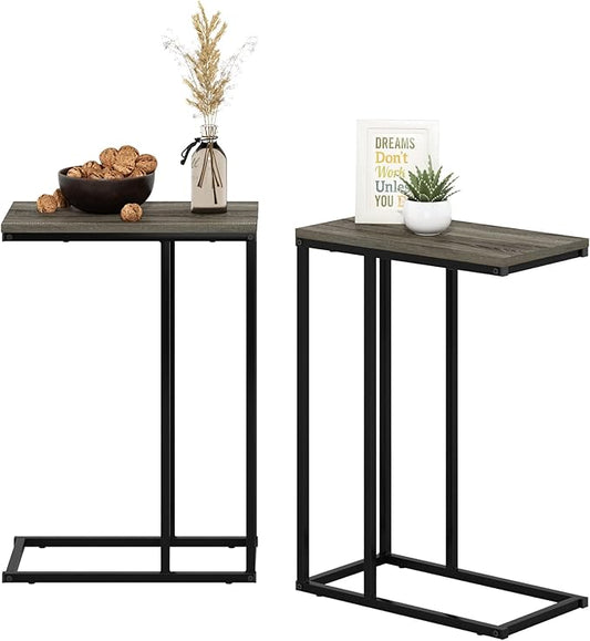 Furinno CAMNUS Side Table Set of 2, C-Shape Sofa End Table for Couch, Metal Frame Night Stand, Bedside Table, for Living Room, Bedroom, French Oak Grey