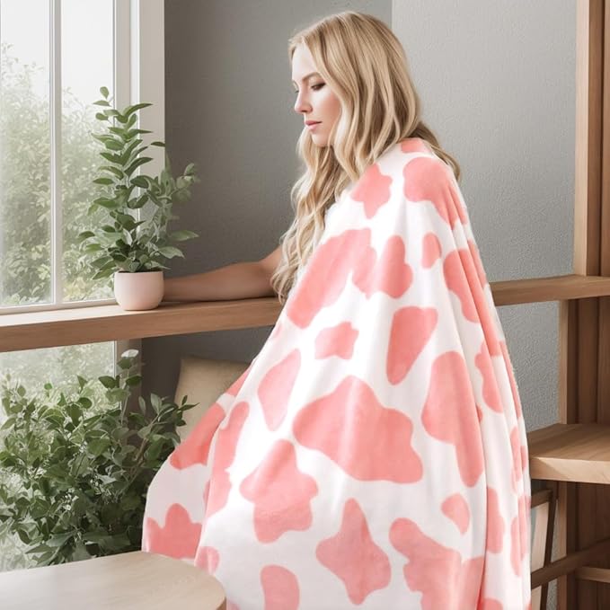 Fleece Cow Print Blanket for All Season - Premium Lightweight Anti-Static Pink and Ivory Throws Travel Blankets Plush Gift for Daughter Mom, Bedroom Decor 51" x 60"(Pink Cow)