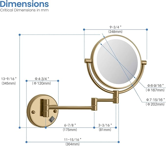 KIBI Circular Wall Mount Makeup Mirror with LED Lights, Dual-Sided 1x/5x Magnifying Mirror with Adjustable Arm, 360° Swivel, Solid Brass Construction for Durability and Style (Brushed Brass, KMM101)