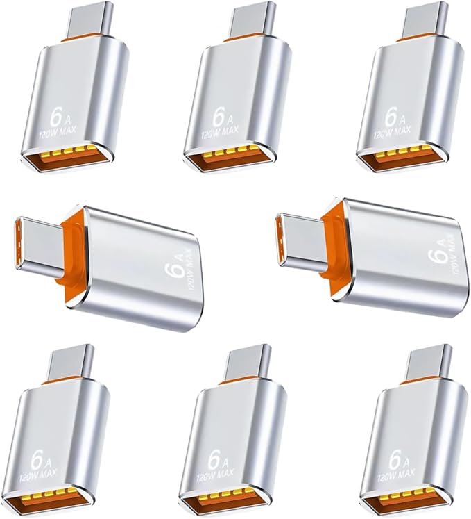 BOMIE USB C to USB Adapter 8 Pack,6A 120W Fast Charging 10Gbps Data Transfer,USB C Male to USB 3.2 Female OTG Adapter for Phone 15/16/17,Pad,Ma-cBook Pro/Air,Smartphone,Laptop,Tablet Silver