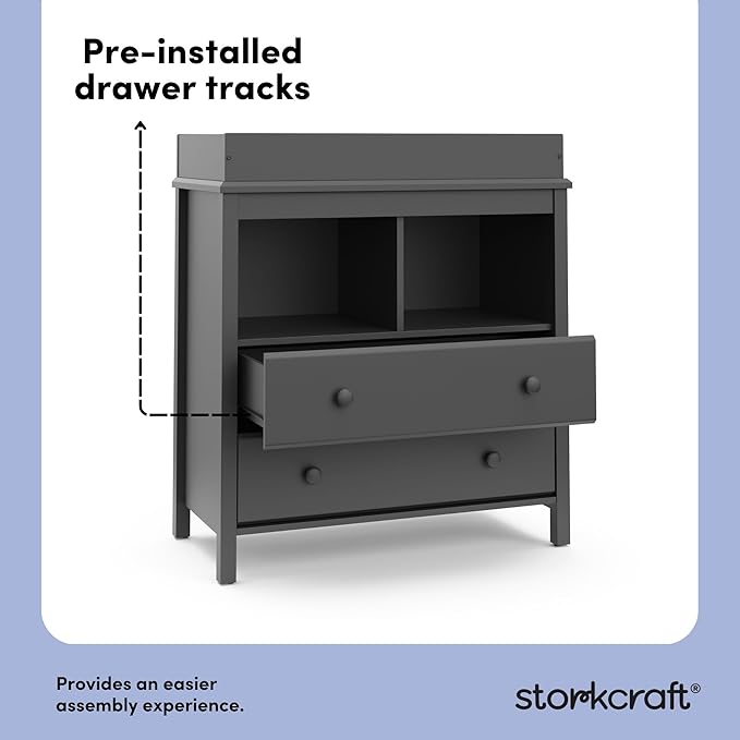 Storkcraft Alpine 2 Drawer Changing Table Chest (Gray) - Attached Changing Table Topper Fits Any Standard-Size Baby Changing Pad, 2 Drawers, 2 Shelves for Extra Nursery Storage, Easy to Assemble