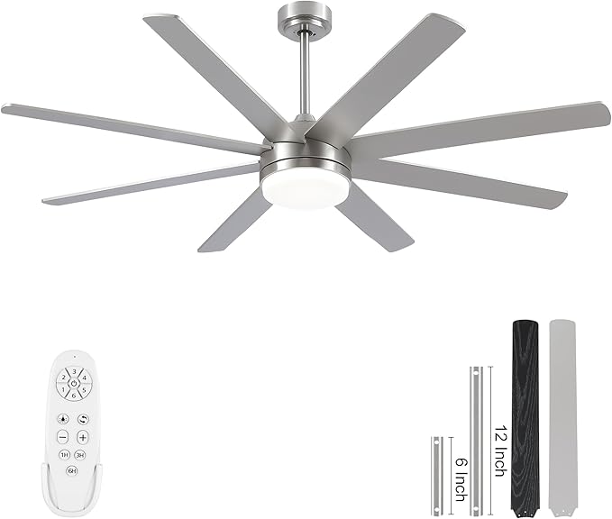 YUHAO 62 Inch Brushed Nickel Ceiling Fan with Light and Remote Control.Noiseless,Dimmable,3CCT,6 Speeds Reversible, DC Ceiling Fans for Indoor or Covered Outdoor