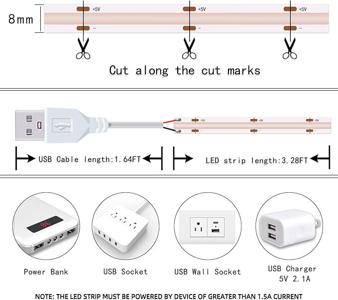 Short LED Strip Lights Purple 5V USB Not Dimmable Flexible COB LED Rope Lights 320LEDs/m Purple Super Bright Bendable Small Tape Lights for Living Room TV Lights Decoration (3.28FT/1M)