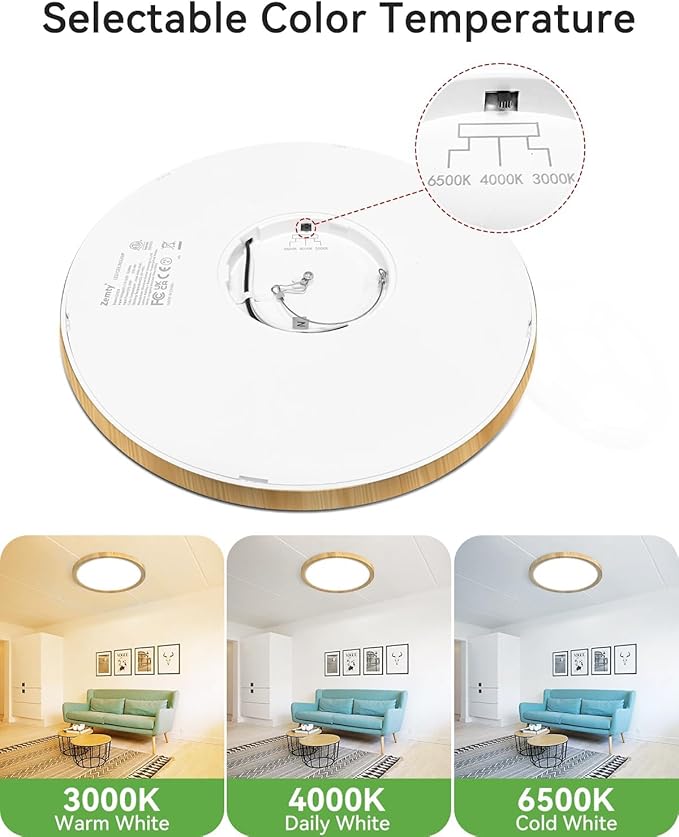 zemty 12Inch Wood-Look Ceiling Light, 28W 3200lm LED Flush Mount Ceiling Light with 3 Color Temperature 3000K/4500K/6000K - Round Flat Light Fixture for Kitchen Bathroom Livingroom，1Pack