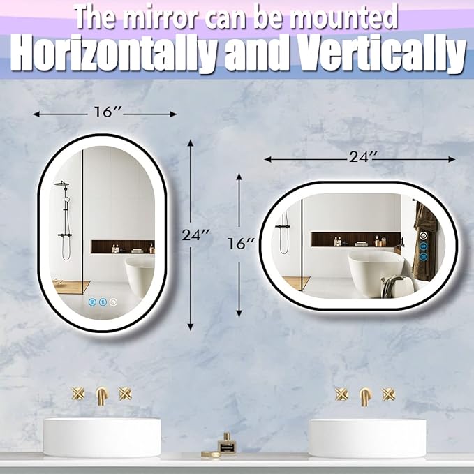 24 x 16 Inch Black Oval LED Vanity Mirror with Lights Smart Memory 3 Color Dimmable AntiFog Black Frame Oval Lighted Mirror for Bathroom Wall Horizontal Vertical Mount Ovals Light up Mirrors