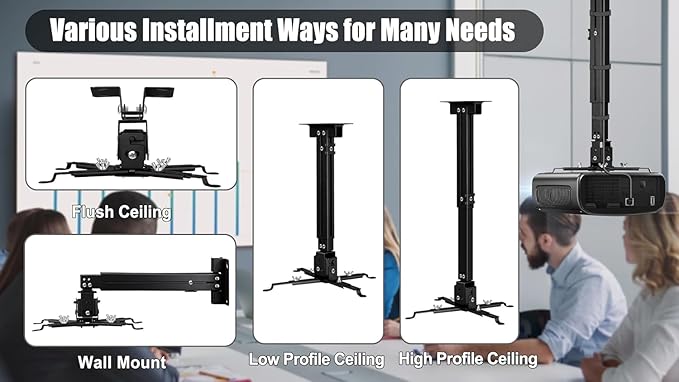 2-Be-Best Projector Ceiling Mount Wide Pipe Universal 3-in-1 Projector Wall Mount Bracket with Adjustable Arm, Flush Mount Option, Built-in Cable Management for Office Home Black
