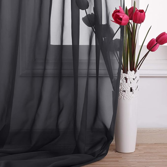 NICETOWN Black Sheer Villa Scarf Curtain Panels, Simple Voile Sheer Scarf Valance for Your Son & Farther Bedroom, 2 Pieces, 60" Length by 216" Width