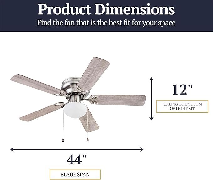 Prominence Home Alvina Traditional 44 Inch Ceiling Fan with Light, LED Flush Mount Ceiling Fan, Indoor Fan with 5 Blades, Gray Oak and Brown Walnut Blade Finish Options, Satin Nickel (51585-01)