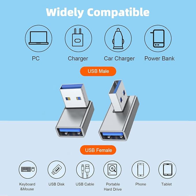 AreMe 90 Degree USB 3.0 Adapter 4 Pack, Up and Down Angle, Left and Right Angle USB A Male to Female Converter Extender for PC, Laptop, USB A Charger, Power Bank and More (Grey)