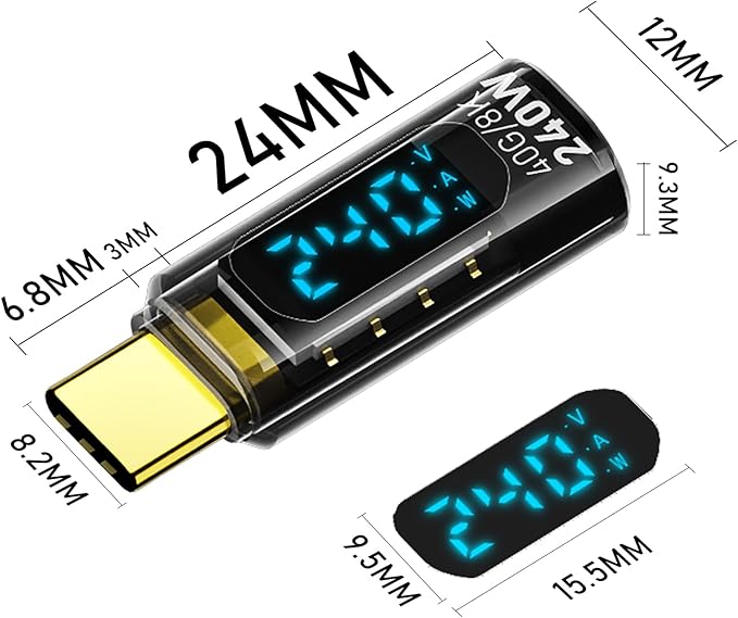 2 Pack USB C Adapter with Digital Display, PD 240W USB-C Male to Female Connector for iPhone 15 Series, iPad, MacBook, Support Voltage, Current and Power Smart LED Display (Transparent)