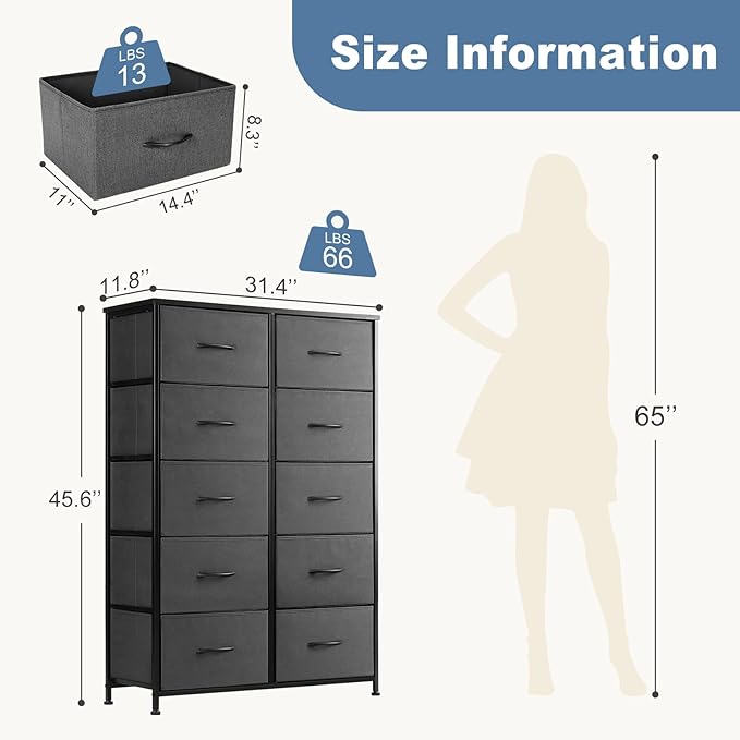 DUMOS Dresser for Bedroom, 10 Storage Drawers, Wide Fabric Closet Chests Organizer Tower Furniture with Wooden Top Metal Frame for Clothes, Guest Room, Living Room, Hallway, Entryway